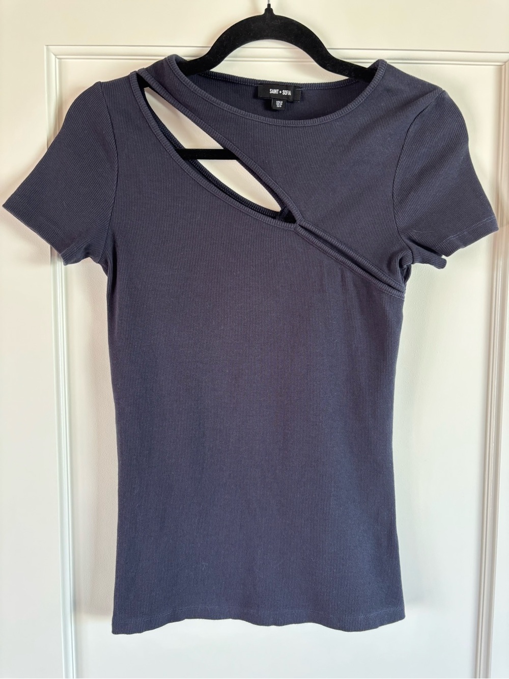 Saint + Sofia Navy Blue Cutout Ribbed Short-Sleeve Tee
